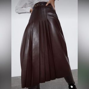 Zara brown faux leather midi skirt